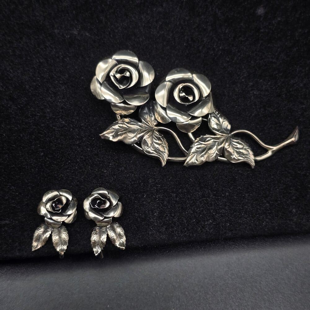 Beau Sterling Rose Flower Brooch Screw Back Earrings Set Vintage